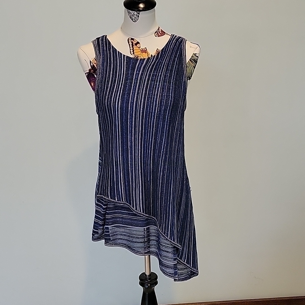White House Black Market Blue striped sleeveless asymetrical top size M